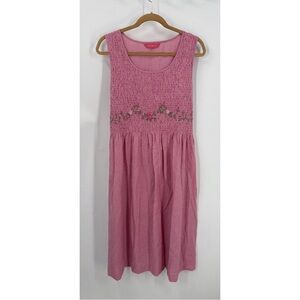April Cornell vintage smocked embroidered Pink Gingham midi dress w/pockets M/L